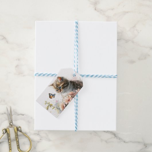 Happy Birthday Kitten in de tuin Cadeaulabel (Met Touw)