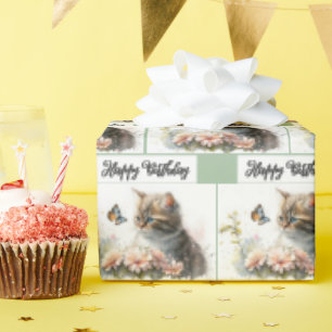Happy Birthday Kitten in de tuin Cadeaupapier