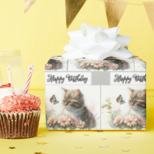 Happy Birthday Kitten in de tuin Cadeaupapier