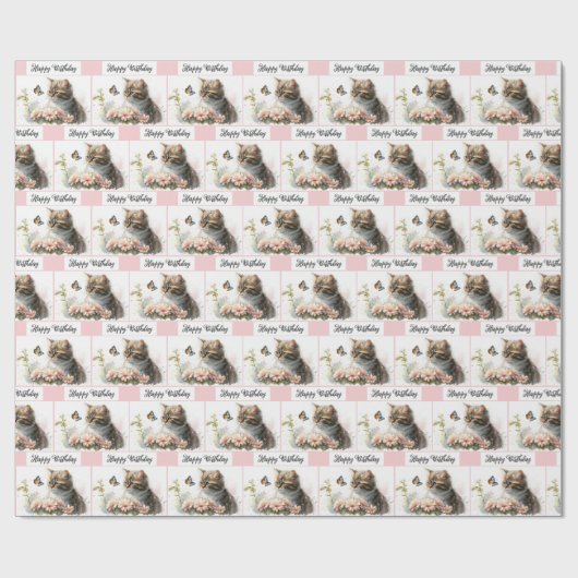 Happy Birthday Kitten in de tuin Cadeaupapier (Vlak)