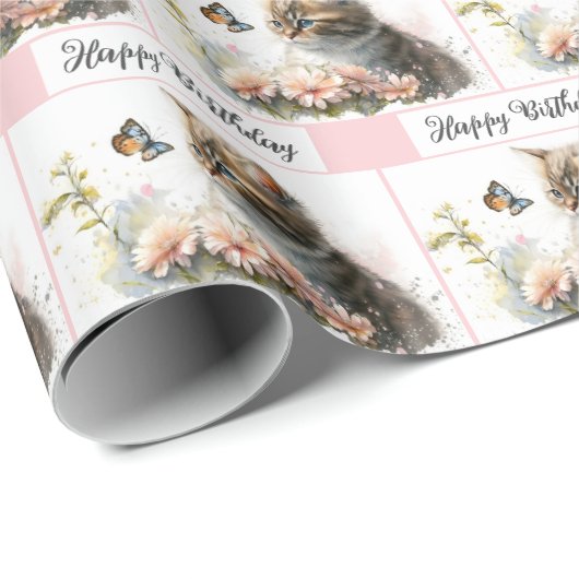 Happy Birthday Kitten in de tuin Cadeaupapier (Rol Hoek)