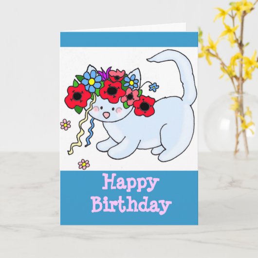 Happy Birthday Kitten Kaart (Gele Bloem)