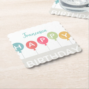 Happy Birthday kleurful ballons, aangepaste naam Kartonnen Onderzetters