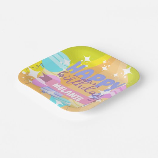 Happy Birthday Kleurrijke Cartoon Ballonnen Sparkl Papieren Bordje (Gebogen)