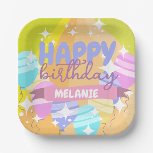 Happy Birthday Kleurrijke Cartoon Ballonnen Sparkl Papieren Bordje (Voorkant)