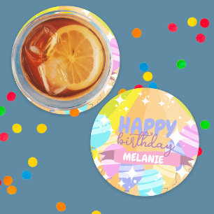 Happy Birthday Kleurrijke Cartoon Ballonnen Sparkl Ronde Kartonnen Onderzetter