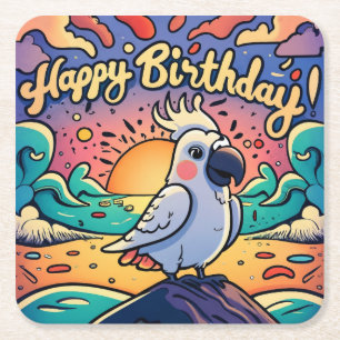  Happy Birthday Kleurrijke Parrot Bird Kartonnen Onderzetters
