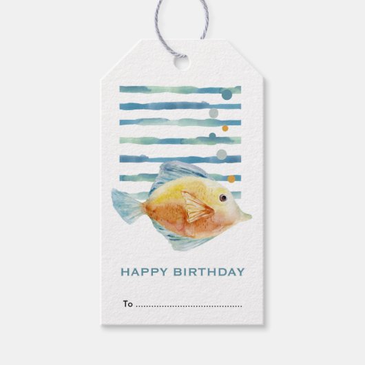 Happy Birthday, kleurrijke tropische viskust Cadeaulabel (Voorkant)