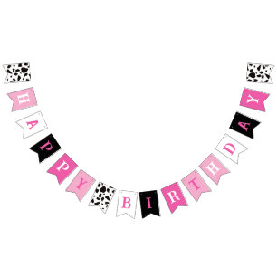 Happy Birthday Koe Print Roze Zwart-wit Vlaggetjes