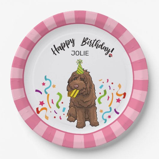 Happy Birthday Labradoodle Dog Pink Stripe Party 9 Papieren Bordje (Voorkant)