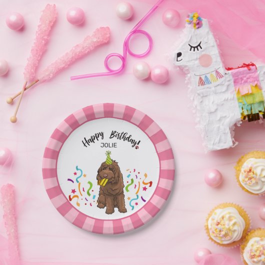 Happy Birthday Labradoodle Dog Pink Stripe Party Papieren Bordje (Feest)