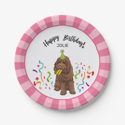 Happy Birthday Labradoodle Dog Pink Stripe Party Papieren Bordje (Voorkant)