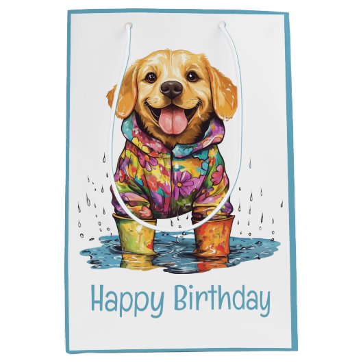 Happy Birthday Labrador Retriever Rain Puddle Medium Cadeauzakje (Voorkant)