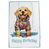 Happy Birthday Labrador Retriever Rain Puddle Medium Cadeauzakje (Achterkant)