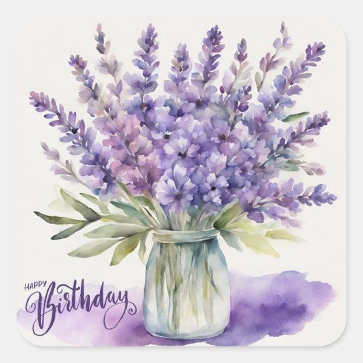 Happy Birthday Lavendel Flowers in Jar Waterverf Vierkante Sticker (Voorkant)