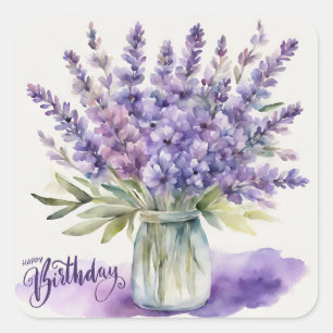 Happy Birthday Lavendel Flowers in Jar Waterverf Vierkante Sticker