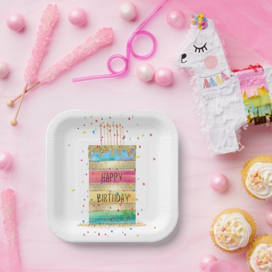 "Happy Birthday" Layer Cake met goud en Confetti Papieren Bordje (Feest)