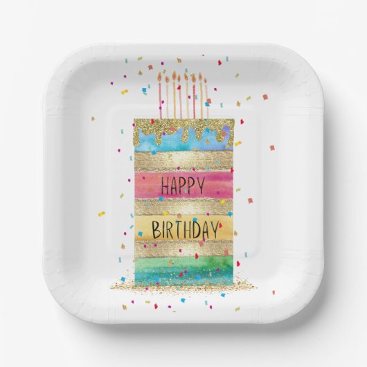"Happy Birthday" Layer Cake met goud en Confetti Papieren Bordje (Voorkant)