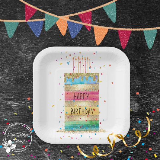 "Happy Birthday" Layer Cake met goud en Confetti Papieren Bordje