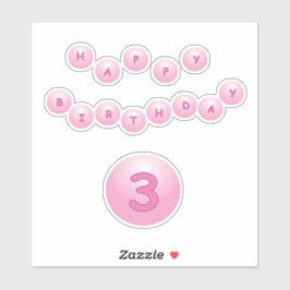 Happy Birthday Leeftijd 3 Roze Bouncy Balls Sticke Sticker