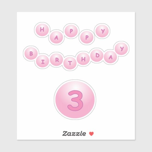 Happy Birthday Leeftijd 3 Roze Bouncy Balls Sticke Sticker (Vel)