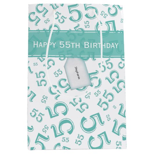 Happy Birthday Leeftijd 55 Getal Patroon Blauwgroe Medium Cadeauzakje (Voorkant)