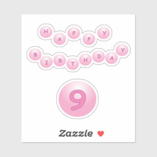 Happy Birthday Leeftijd 9 Roze Bouncy Balls Sticke Sticker