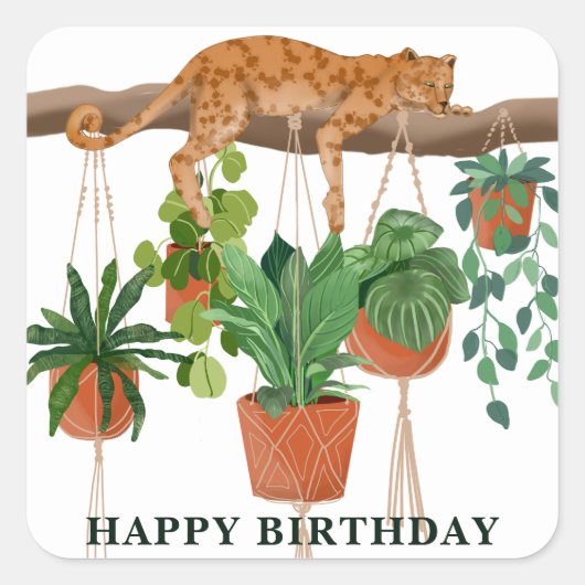 Happy Birthday, Leopard slaapt met huisdieren plan Vierkante Sticker (Voorkant)