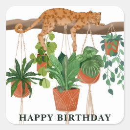 Happy Birthday, Leopard slaapt met huisdieren plan Vierkante Sticker