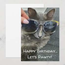 "Happy Birthday Let's Pawty" Grappige grijze katte Notitiekaartje