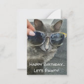 "Happy Birthday Let's Pawty" Grappige grijze katte Notitiekaartje (Voorkant)