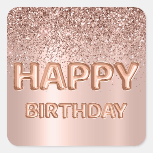 Happy Birthday Letter Balloon Roos Gouden Glitter Vierkante Sticker (Voorkant)