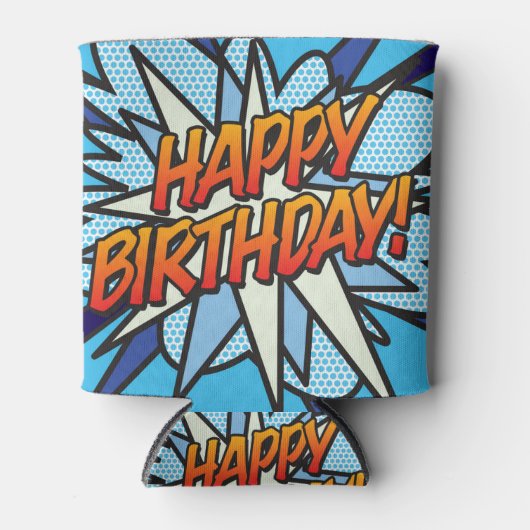 HAPPY BIRTHDAY Leuk Modern Comic Book Blauw Blikjeskoeler (Voorkant)