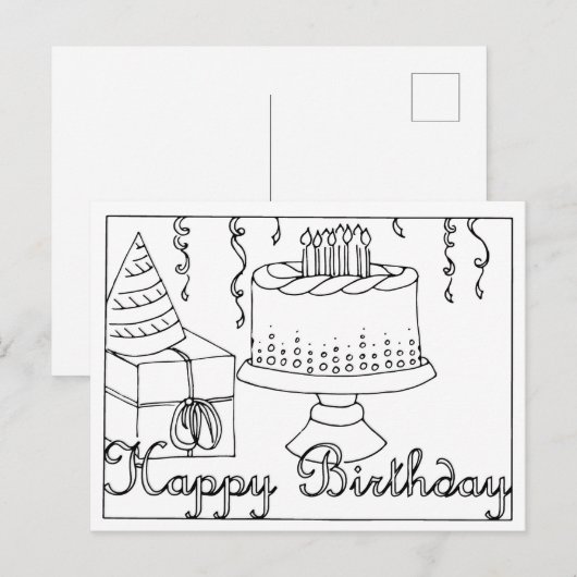 Happy Birthday Line Drawing Briefkaart (Voorkant / Achterkant)