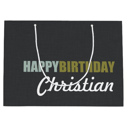 Happy Birthday Linen Grey Personalized Large Cadeautasje (Voorkant)