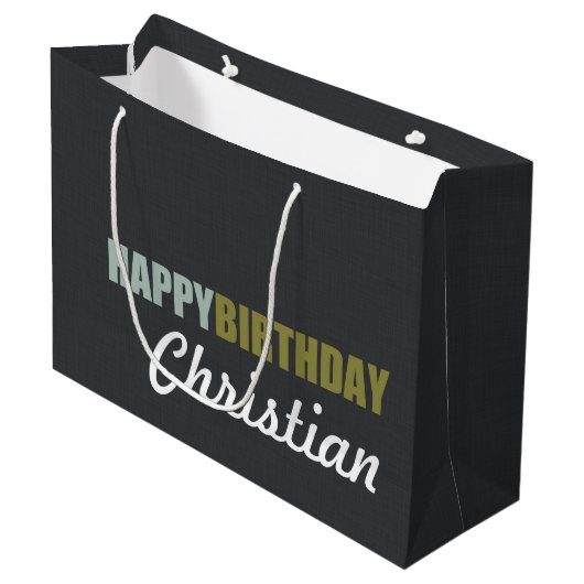 Happy Birthday Linen Grey Personalized Large Cadeautasje (Voorkant Gekanteld)