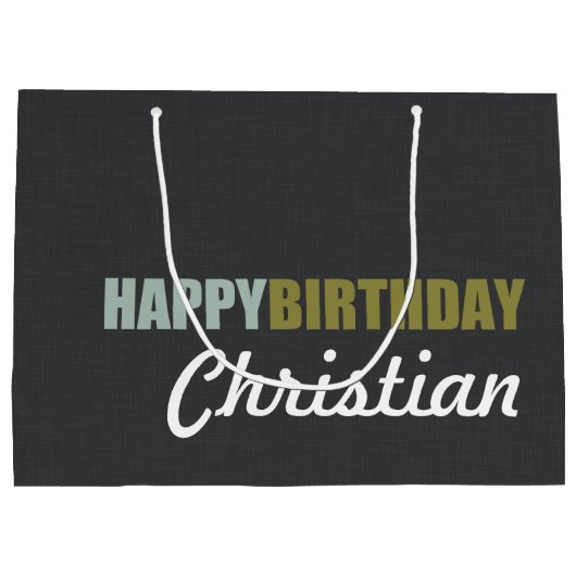 Happy Birthday Linen Grey Personalized Large Cadeautasje (Achterkant)