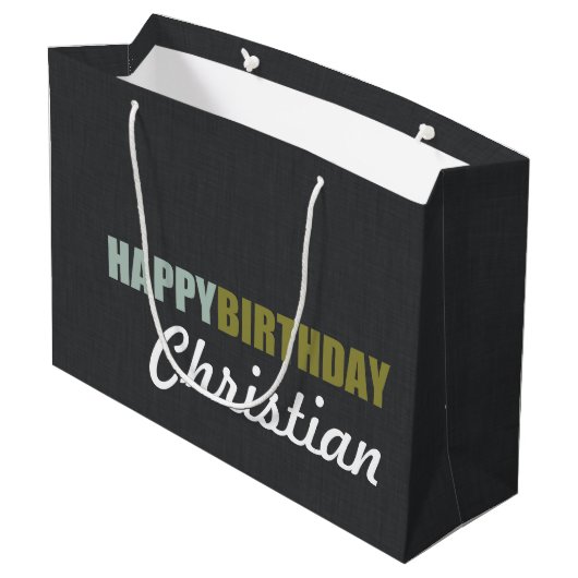 Happy Birthday Linen Grey Personalized Large Cadeautasje (Achterkant Gekanteld)