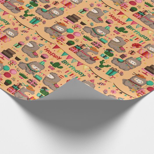 Happy Birthday Llama Pattern Cadeaupapier (Hoek)