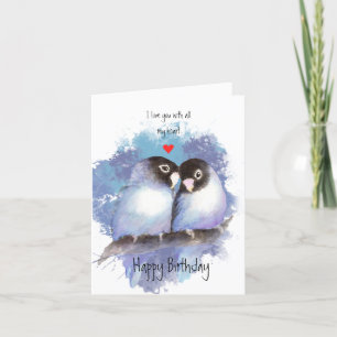Happy Birthday Love Blue Lovebirds Vogelkunst Bedankkaart