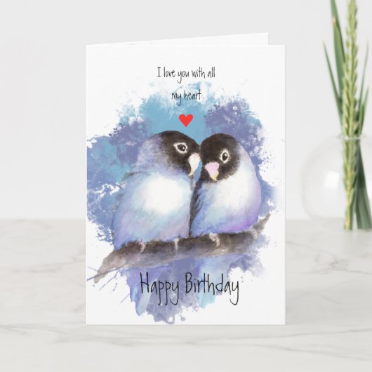 Happy Birthday Love Blue Lovebirds Vogelkunst Feestdagen Kaart (Voorkant)