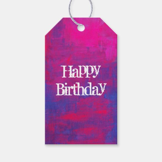 Happy Birthday Magenta en Blue Abstract schilderen Cadeaulabel (Voorkant)