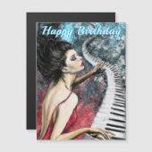 Happy Birthday Magnetc Kaart Lady in Red met Piano (Voorkant / Achterkant)