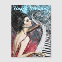 Happy Birthday Magnetc Kaart Lady in Red met Piano