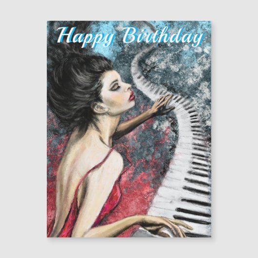 Happy Birthday Magnetc Kaart Lady in Red met Piano (Voorkant)