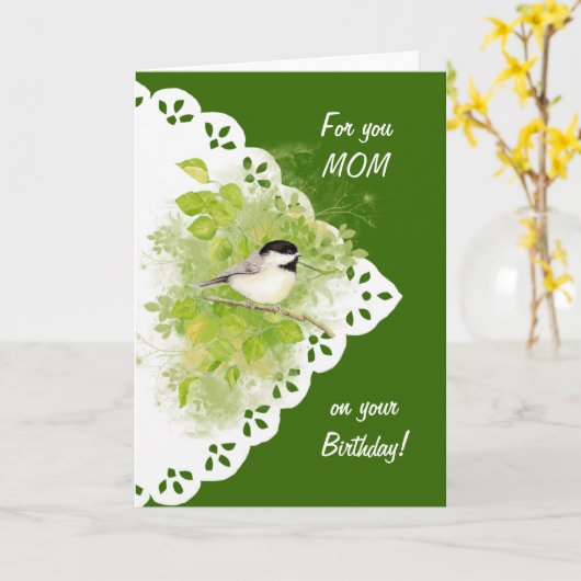 Happy Birthday Mam Chickadee, Bird & Lace Kaart (Gele Bloem)