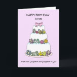 Happy Birthday Mam Daughter and Daughter in law Kaart<br><div class="desc">Een drie gelaagde,  pastelkleurige,  taart,  geplaatst tegen een bleke beeldachtergrond. De woorden 'Happy Birthday Mam van je dochter en dochter in de wet' vergezellen het afbeelding.</div>