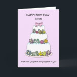 Happy Birthday Mam Daughter and Daughter in law Kaart<br><div class="desc">Een drie gelaagde,  pastelkleurige,  taart,  geplaatst tegen een bleke beeldachtergrond. De woorden 'Happy Birthday Mam van je dochter en dochter in de wet' vergezellen het afbeelding.</div>
