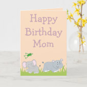 Happy Birthday Mam Elephant en Hippo foto inside Kaart (Gele Bloem)
