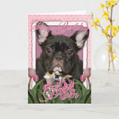 Happy Birthday Mam - French Bulldog - Blauwgroen Kaart (Gele Bloem)